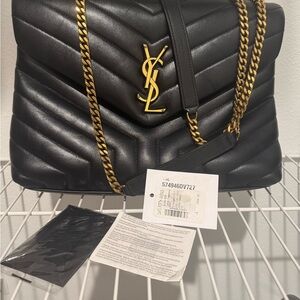 Yves Saint Laurent Black Leather Shoulder Bag with Gold Chain